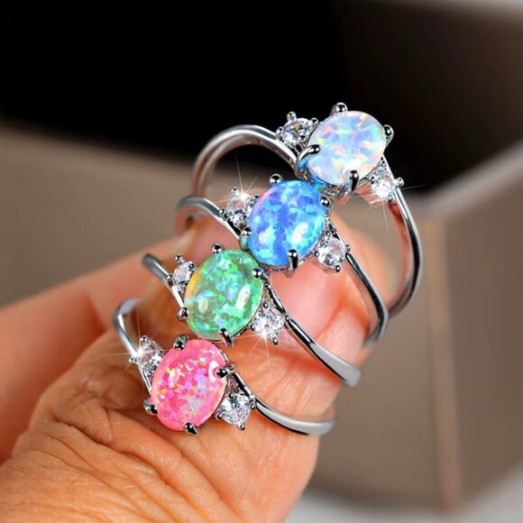 NEW 18k White Gold Green Fire Opal Diamond Ring Band - Picture 11 of 11